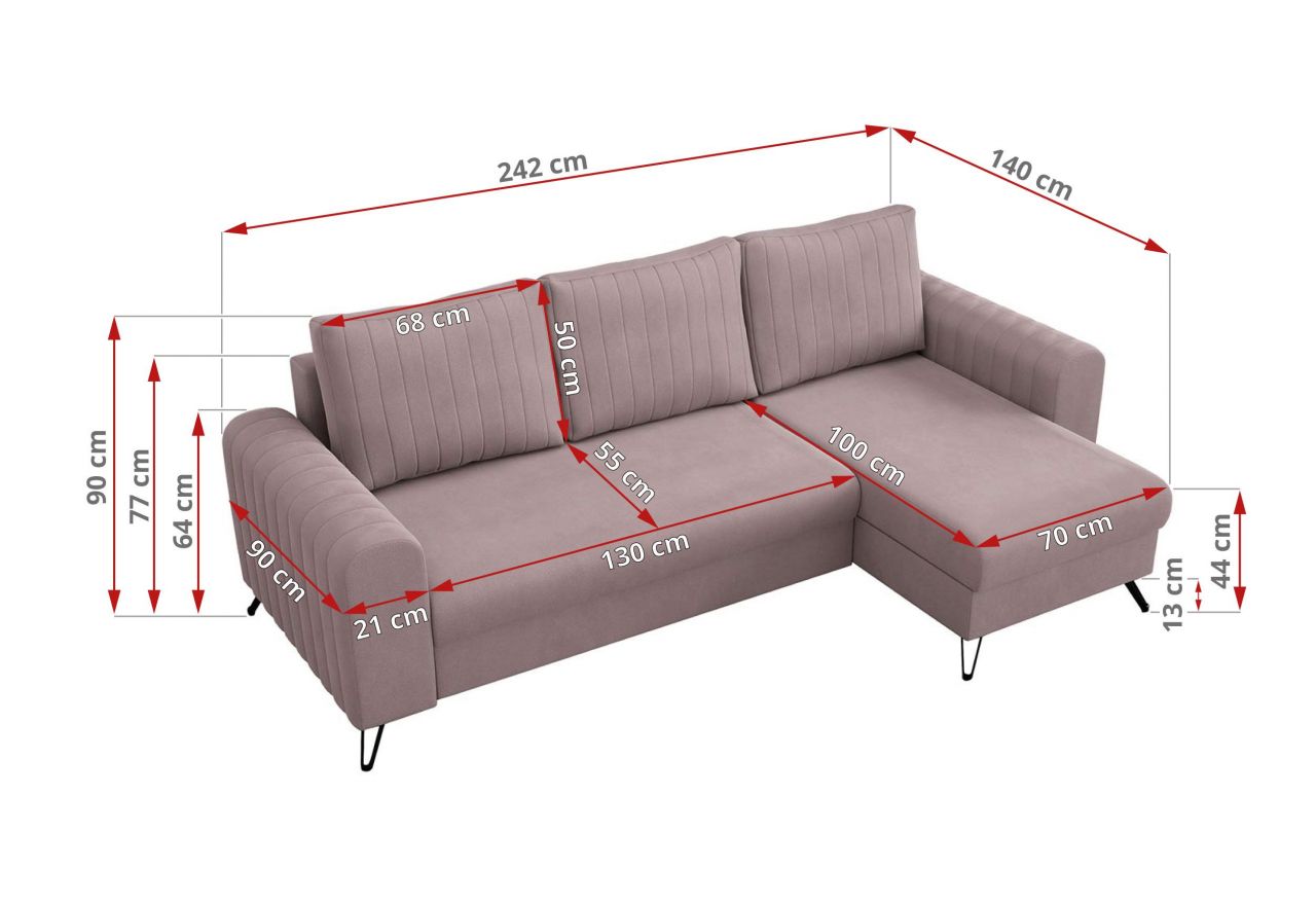 Narożnik AXEL L - uniwersalny - różowy, welwet