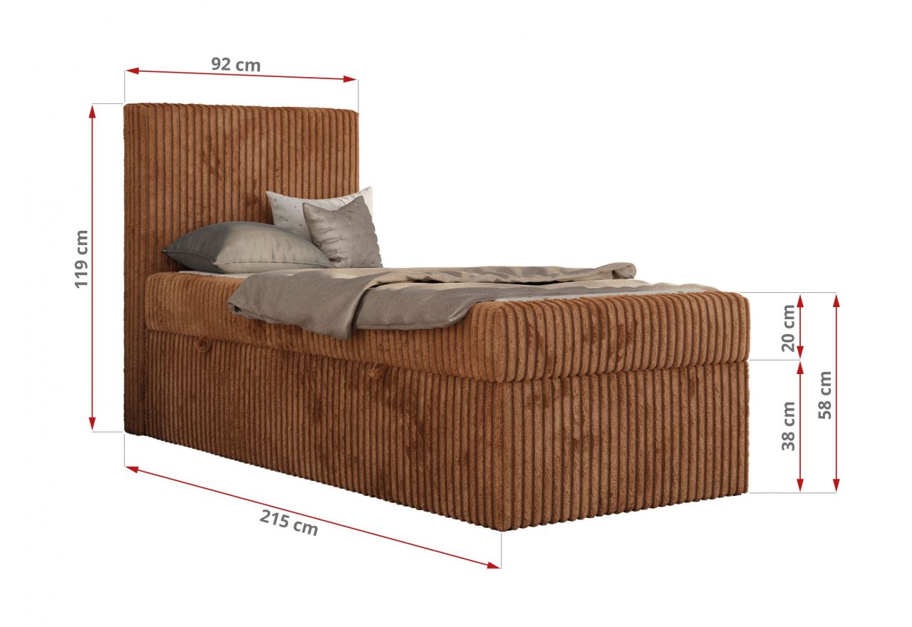 Łóżko kontynentalne TILIO 90x200 - H3 - pomarańczowy, sztruks - strona lewa