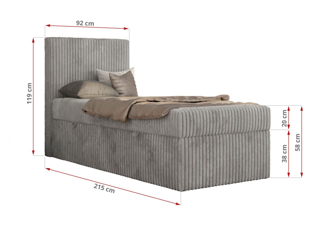Łóżko kontynentalne TILIO 90x200 - H3 - jasnoszary, sztruks - strona lewa
