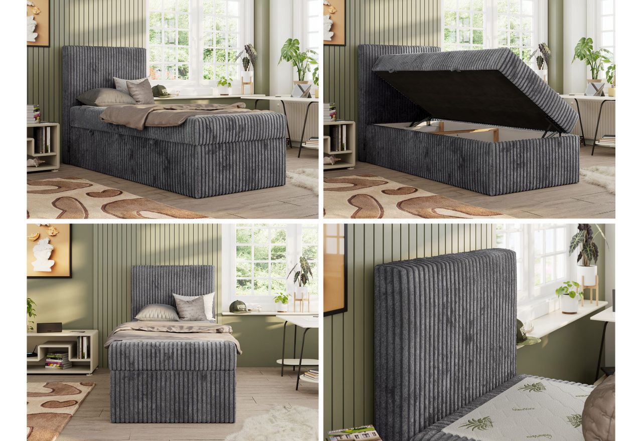 Łóżko kontynentalne TILIO 90x200 - H3 - ciemnoszary, sztruks - strona lewa