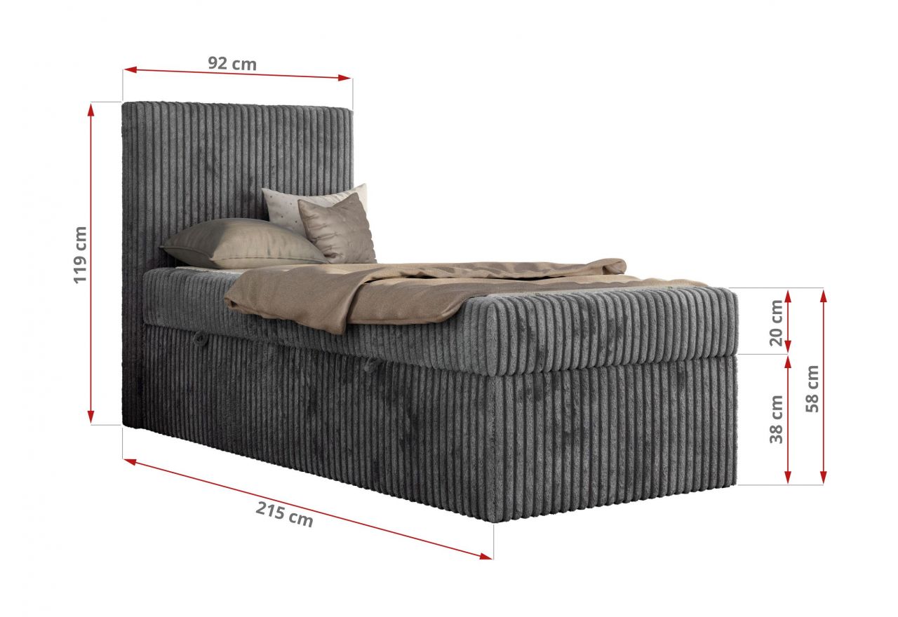 Łóżko kontynentalne TILIO 90x200 - H3 - ciemnoszary, sztruks - strona prawa