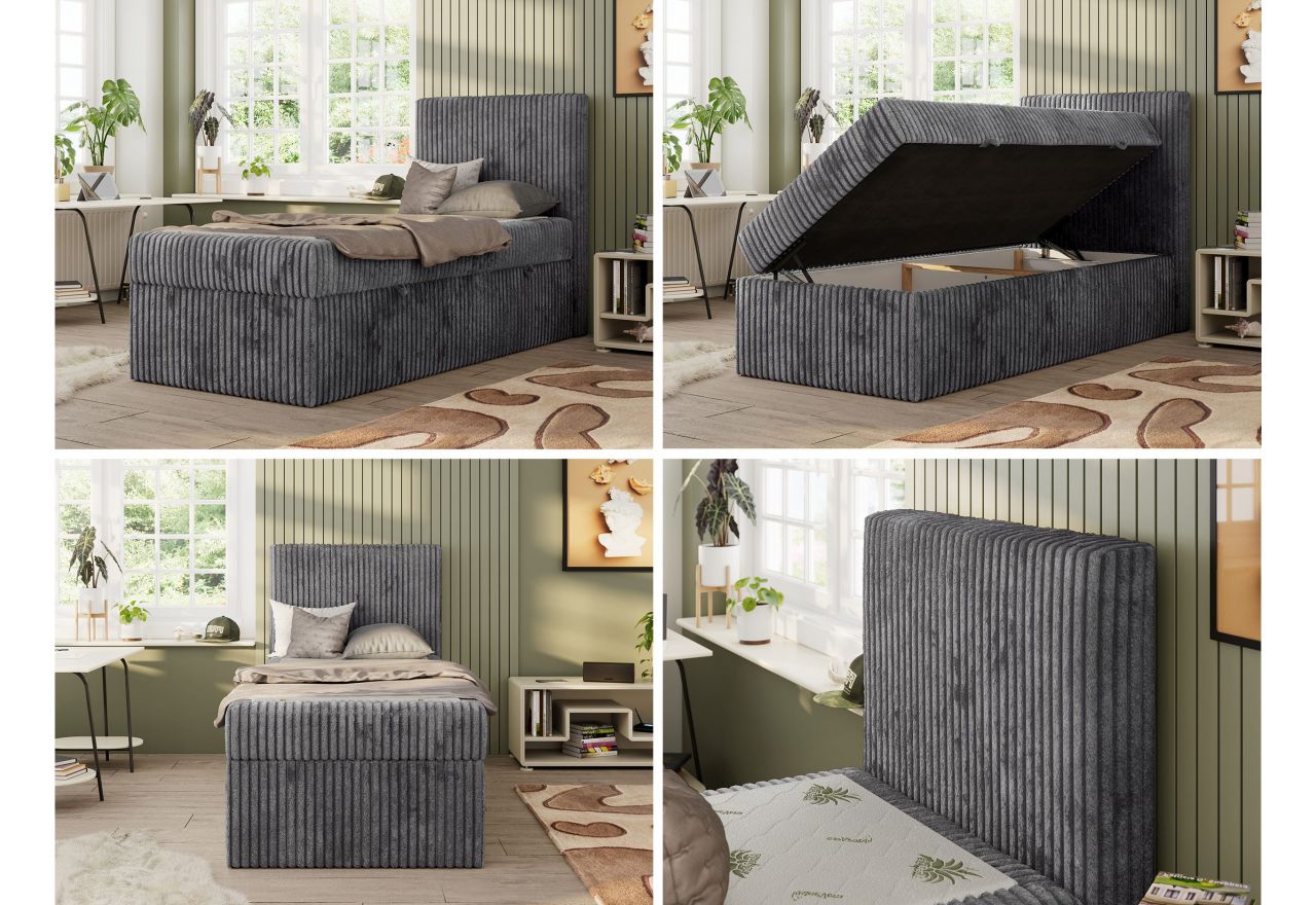 Łóżko kontynentalne TILIO 90x200 - H3 - ciemnoszary, sztruks - strona prawa