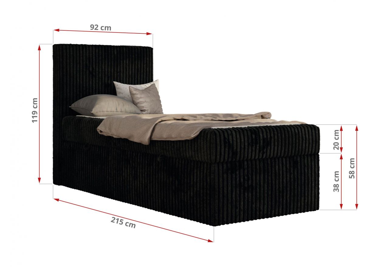 Łóżko kontynentalne TILIO 90x200 - H3 - czarny, sztruks - strona prawa