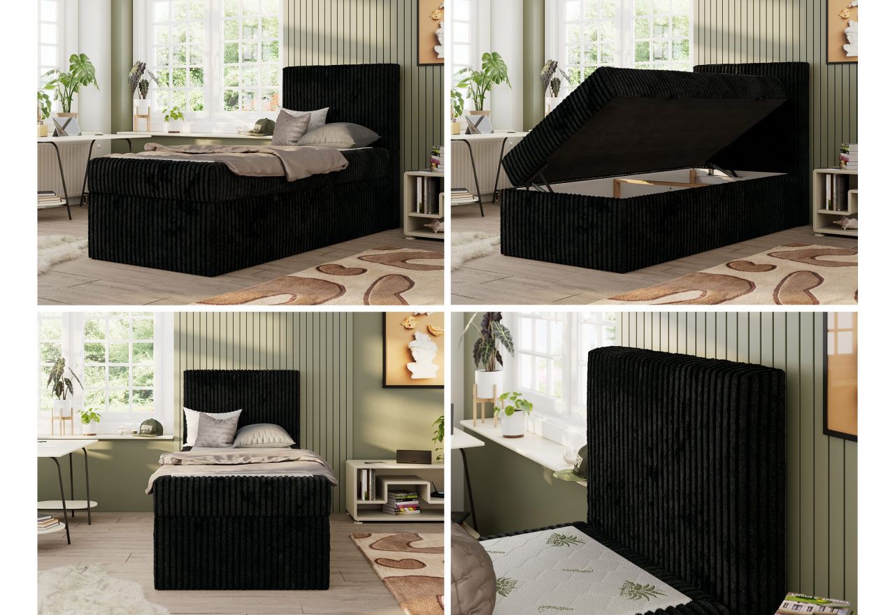 Łóżko kontynentalne TILIO 90x200 - H3 - czarny, sztruks - strona prawa