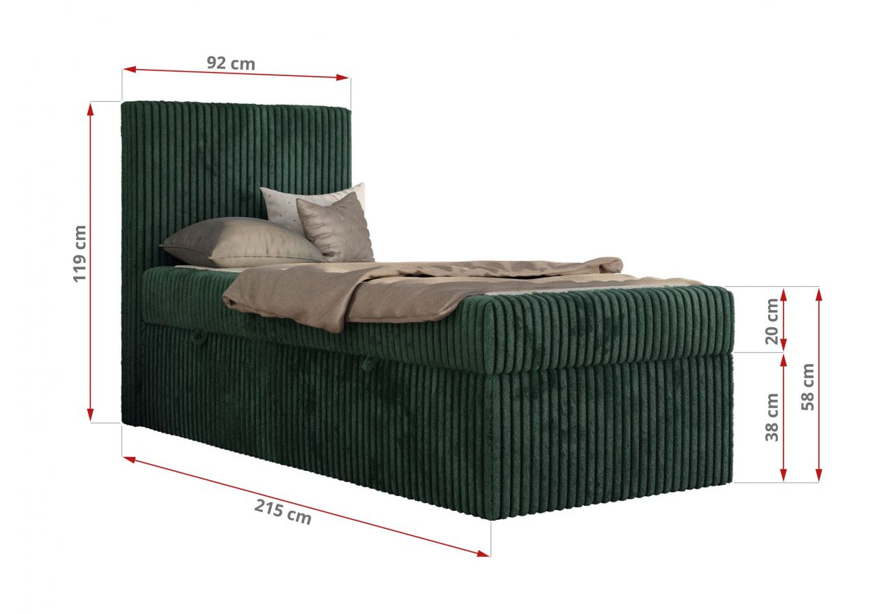 Łóżko kontynentalne TILIO 90x200 - H4 - ciemnozielony, sztruks - strona lewa