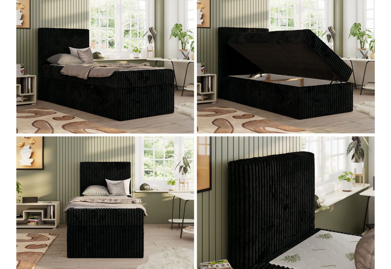 Łóżko kontynentalne TILIO 90x200 - H4 - czarny, sztruks - strona lewa