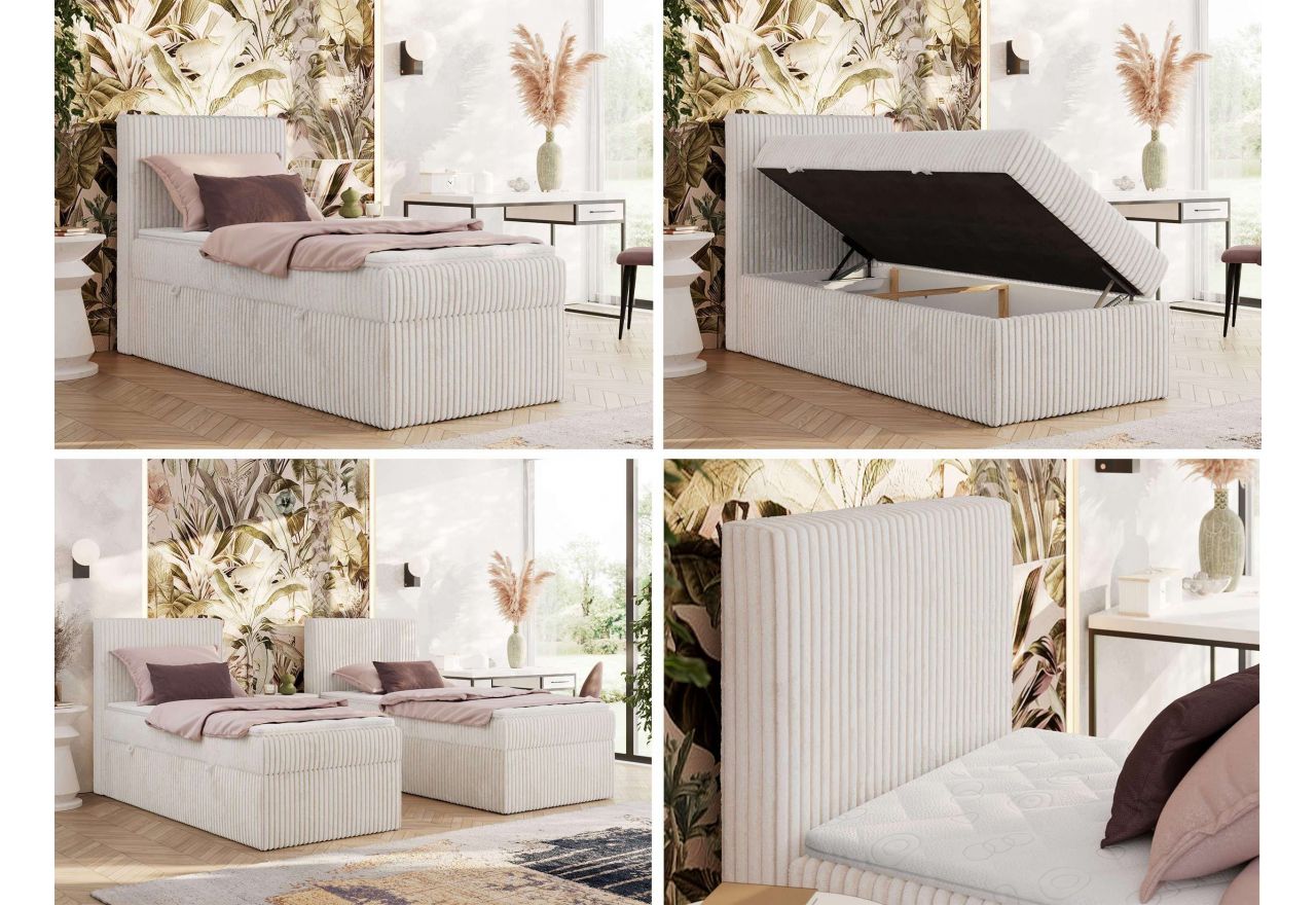 Łóżko kontynentalne TILIANO 90x200 - H3 - beżowy, sztruks - strona lewa - topper T25