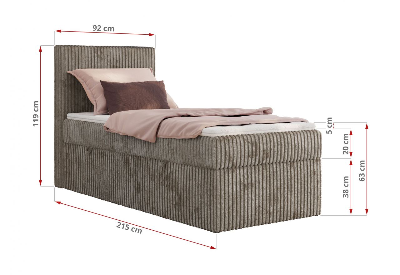 Łóżko kontynentalne TILIANO 90x200 - H3 - jasnobrązowy, sztruks - strona lewa - topper T25