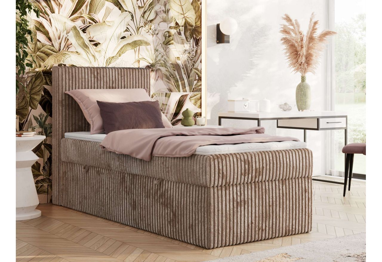 Łóżko kontynentalne TILIANO 90x200 - H3 - brązowy, sztruks - strona lewa - topper T25