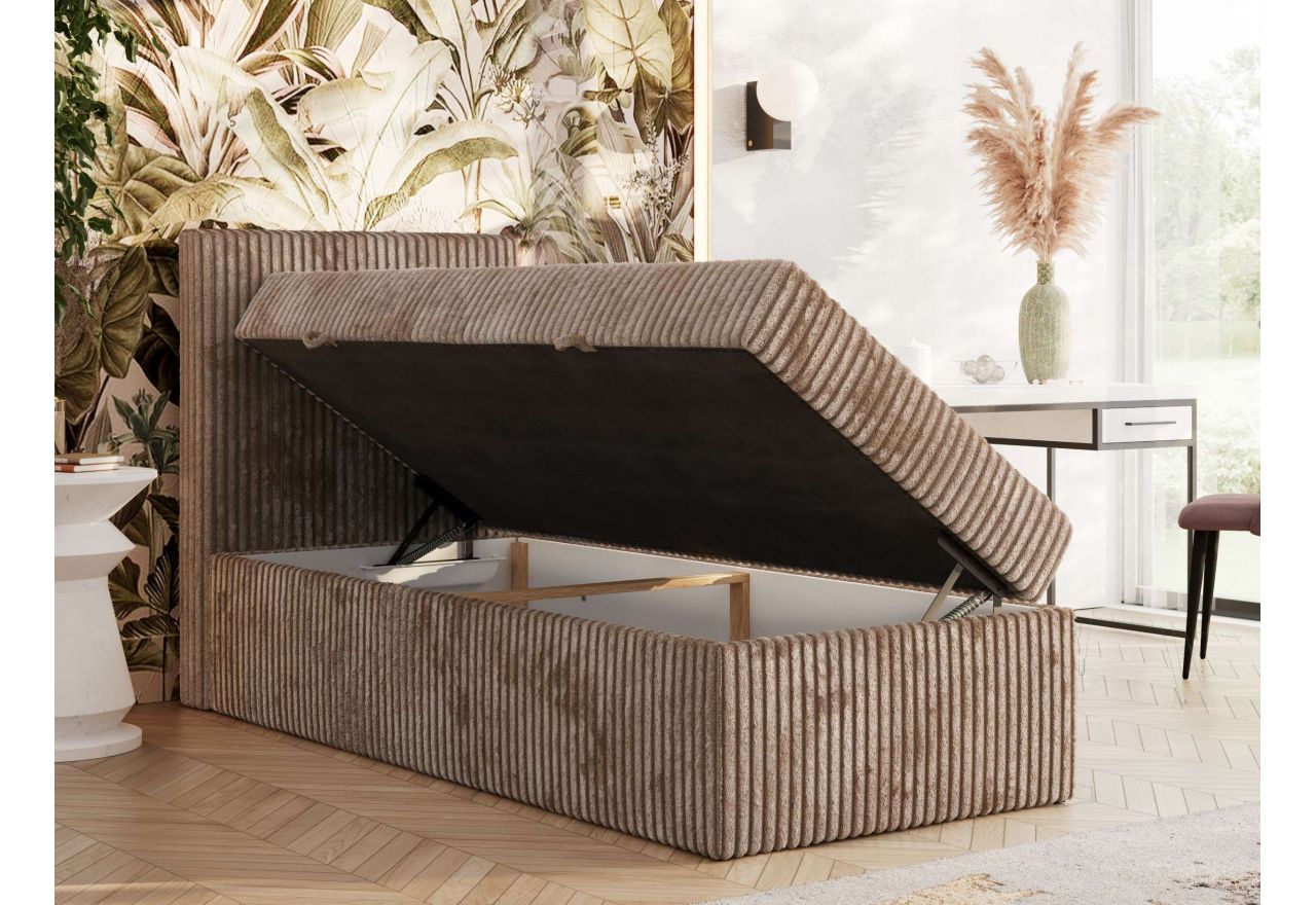 Łóżko kontynentalne TILIANO 90x200 - H3 - brązowy, sztruks - strona lewa - topper T25