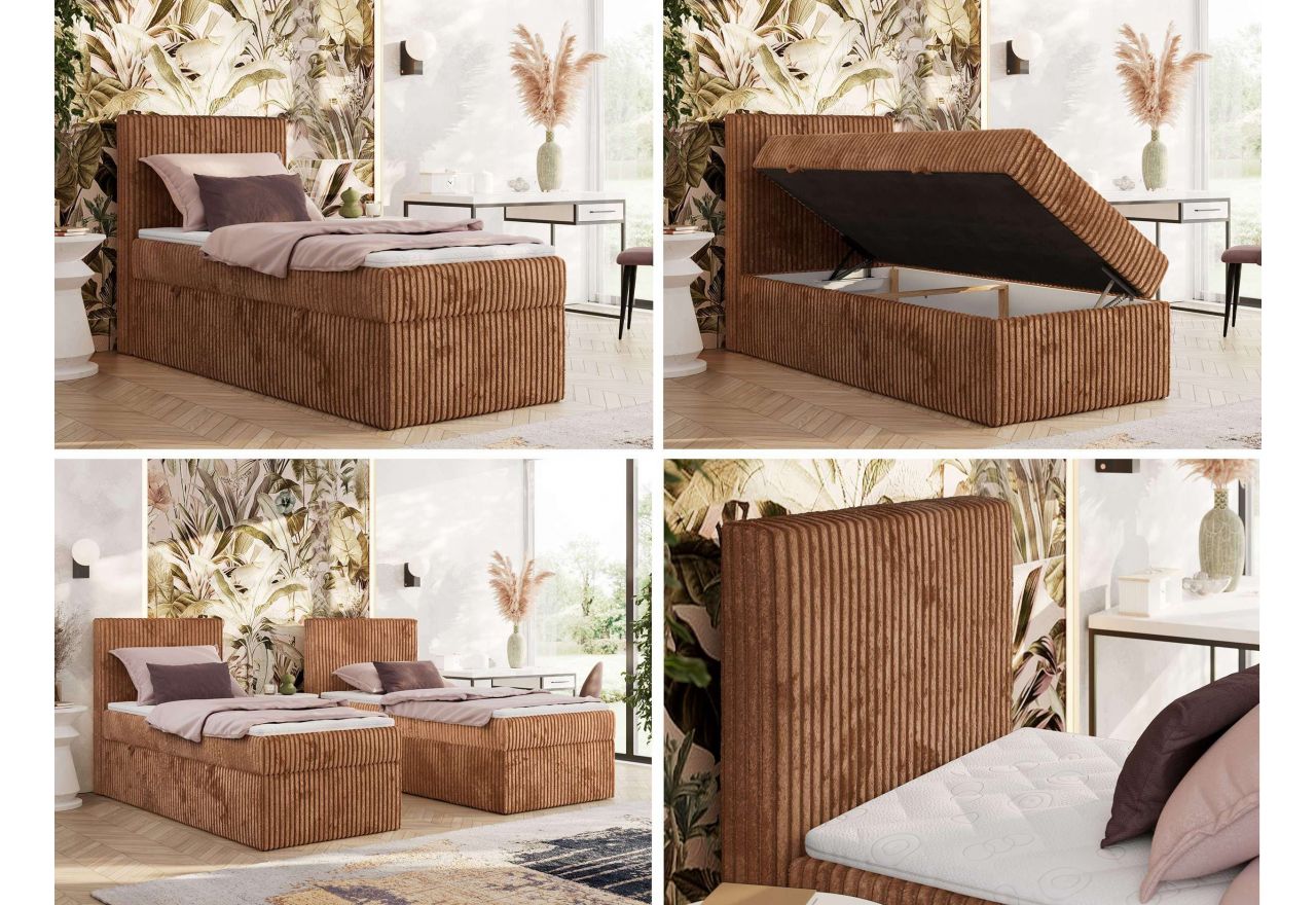 Łóżko kontynentalne TILIANO 90x200 - H3 - pomarańczowy, sztruks - strona lewa - topper T25