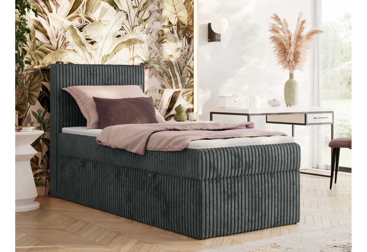 Łóżko kontynentalne TILIANO 90x200 - H3 - ciemnoszary, sztruks - strona lewa - topper T25