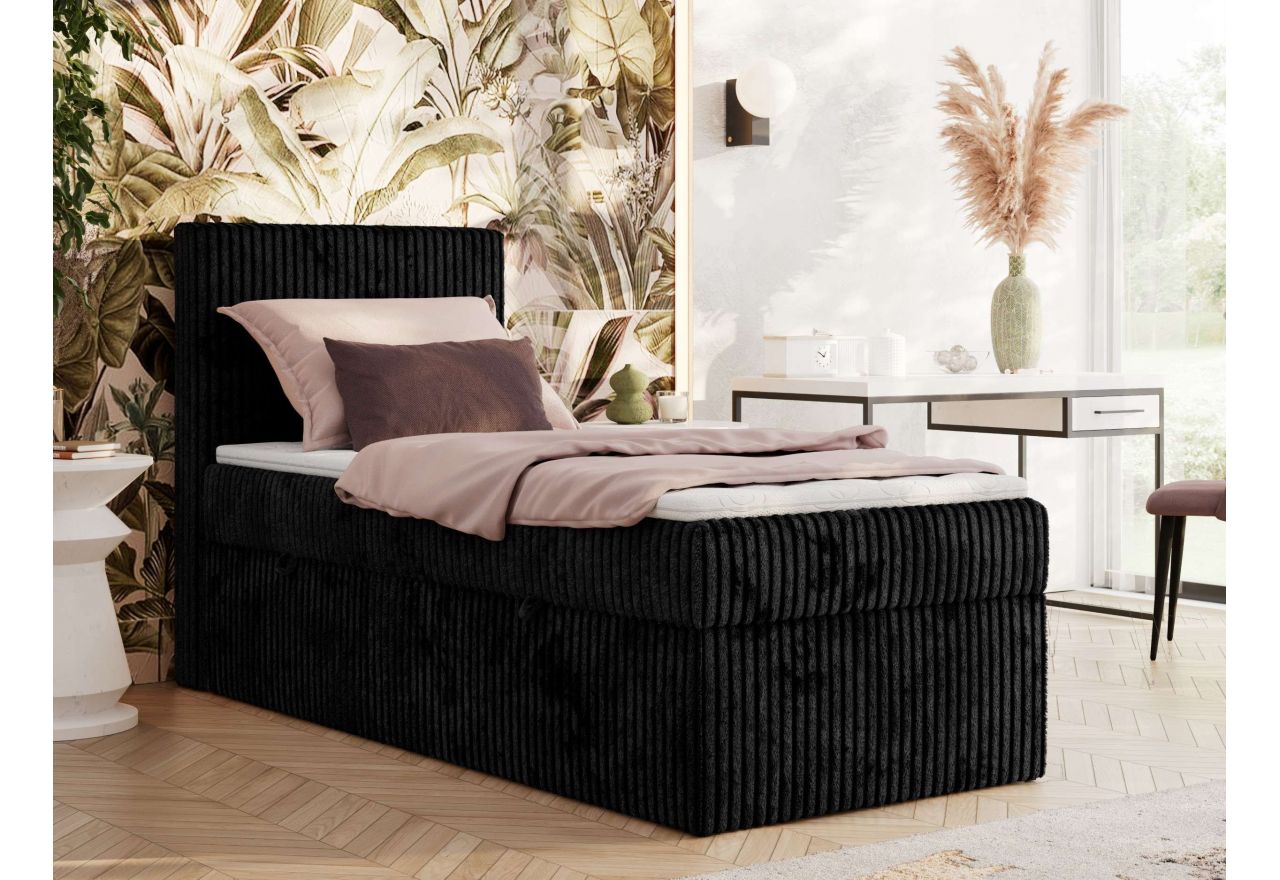 Łóżko kontynentalne TILIANO 90x200 - H3 - czarny, sztruks - strona lewa - topper T25