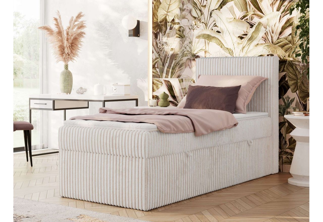 Łóżko kontynentalne TILIANO 90x200 - H3 - beżowy, sztruks - strona prawa - topper T25