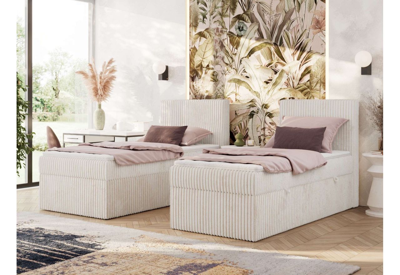 Łóżko kontynentalne TILIANO 90x200 - H3 - beżowy, sztruks - strona prawa - topper T25