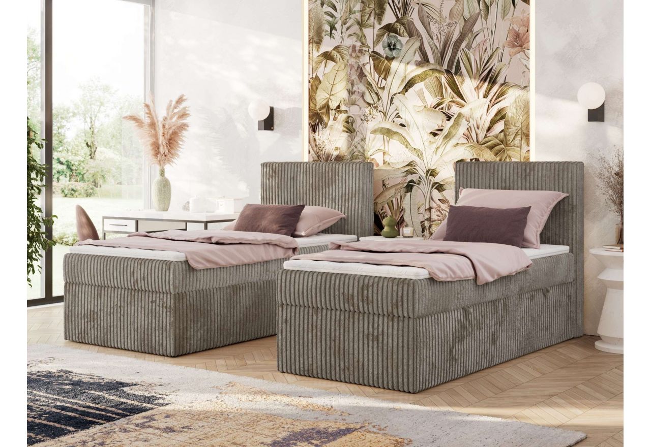 Łóżko kontynentalne TILIANO 90x200 - H3 - jasnobrązowy, sztruks - strona prawa - topper T25