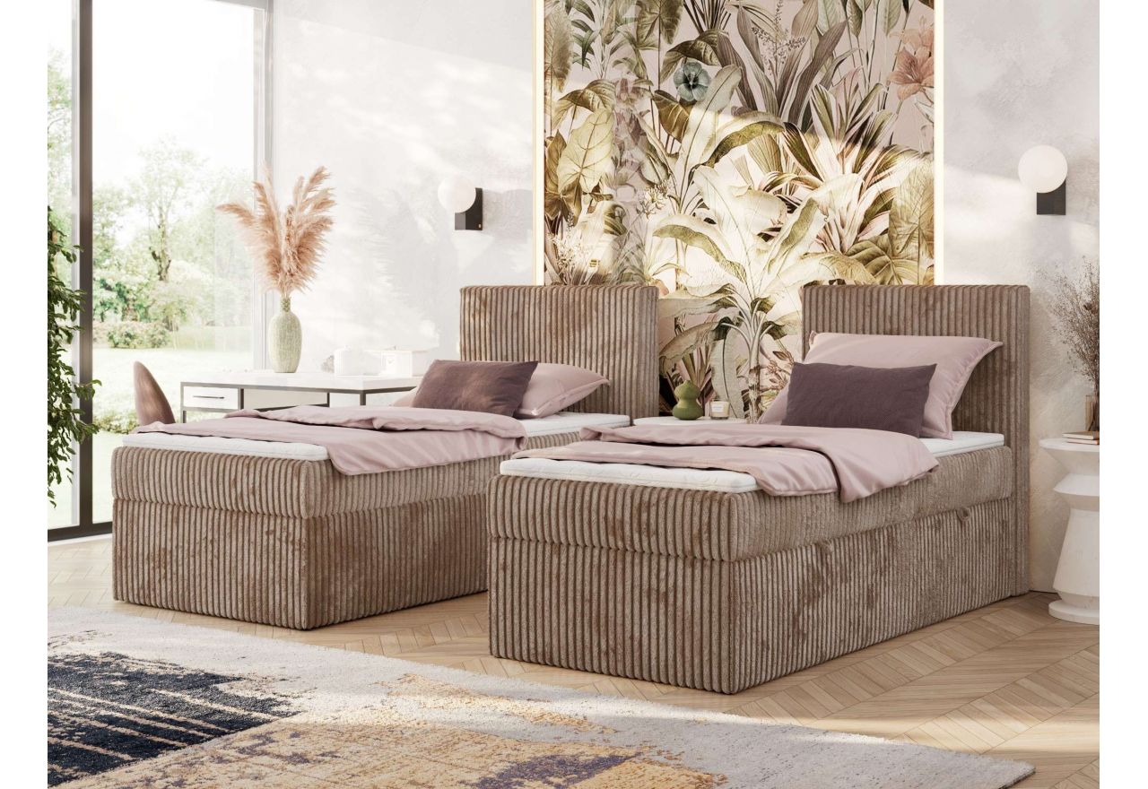 Łóżko kontynentalne TILIANO 90x200 - H3 - brązowy, sztruks - strona prawa - topper T25