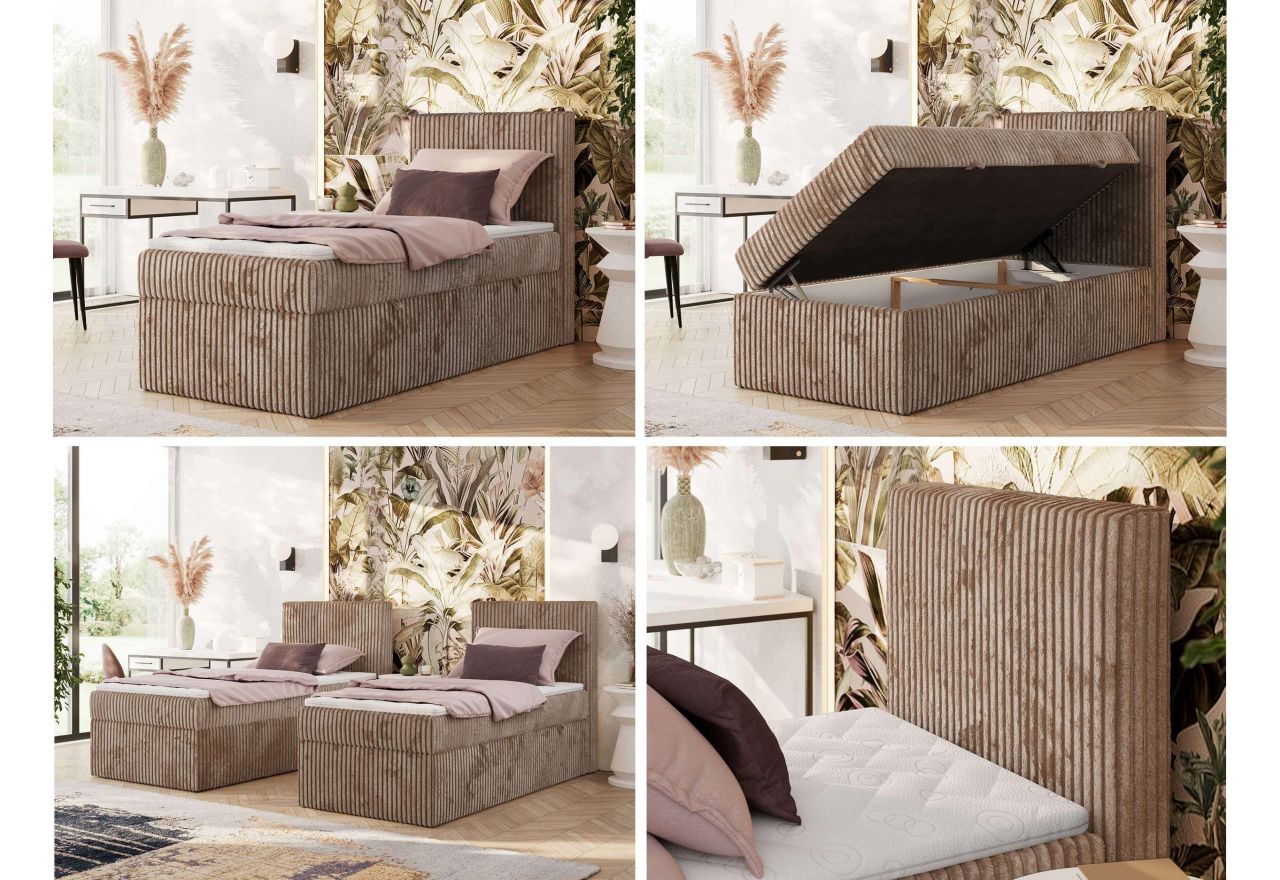 Łóżko kontynentalne TILIANO 90x200 - H3 - brązowy, sztruks - strona prawa - topper T25