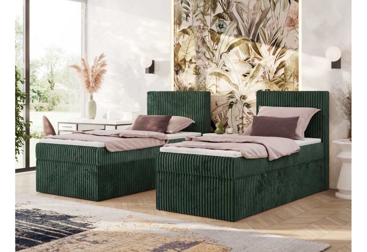 Łóżko kontynentalne TILIANO 90x200 - H3 - ciemnozielony, sztruks - strona prawa - topper T25