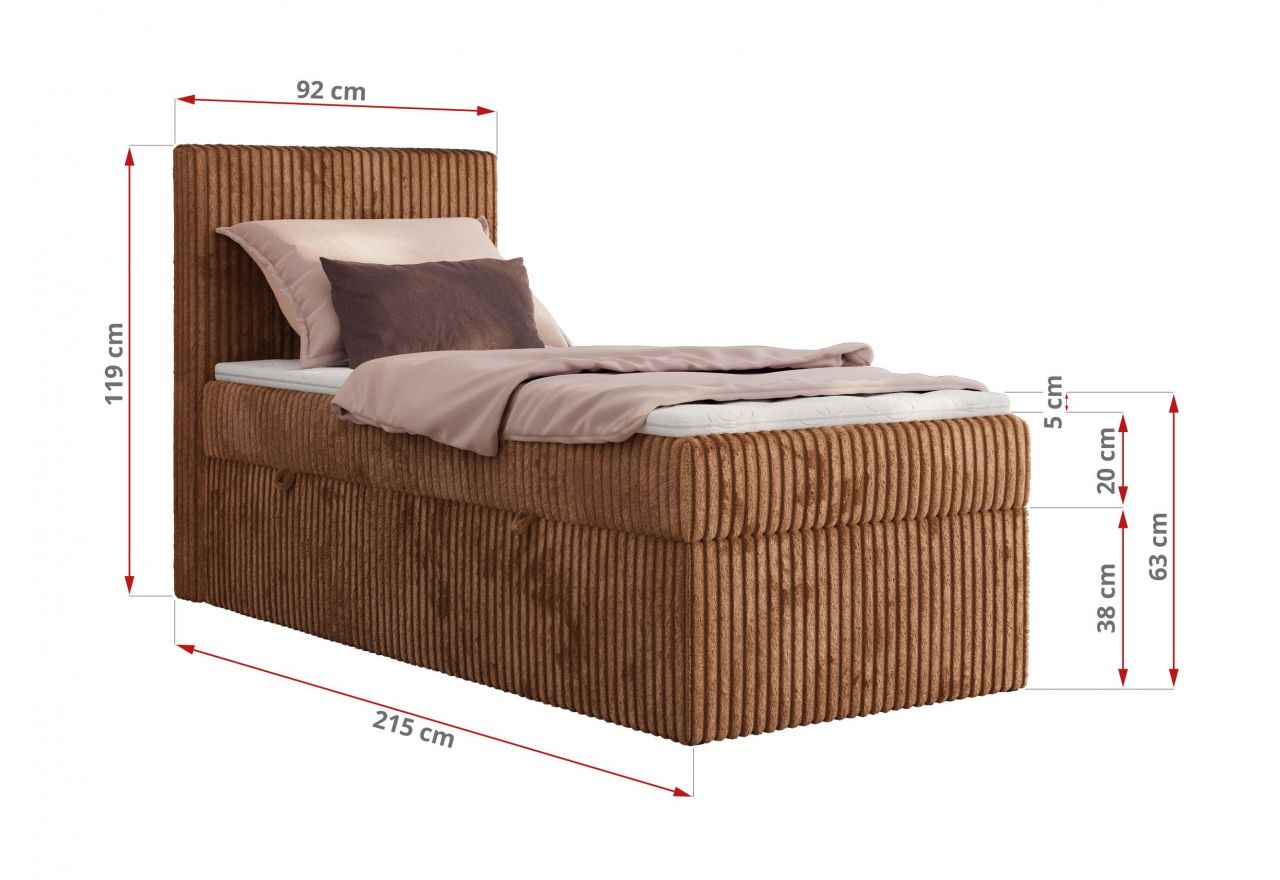 Łóżko kontynentalne TILIANO 90x200 - H3 - pomarańczowy, sztruks - strona prawa - topper T25