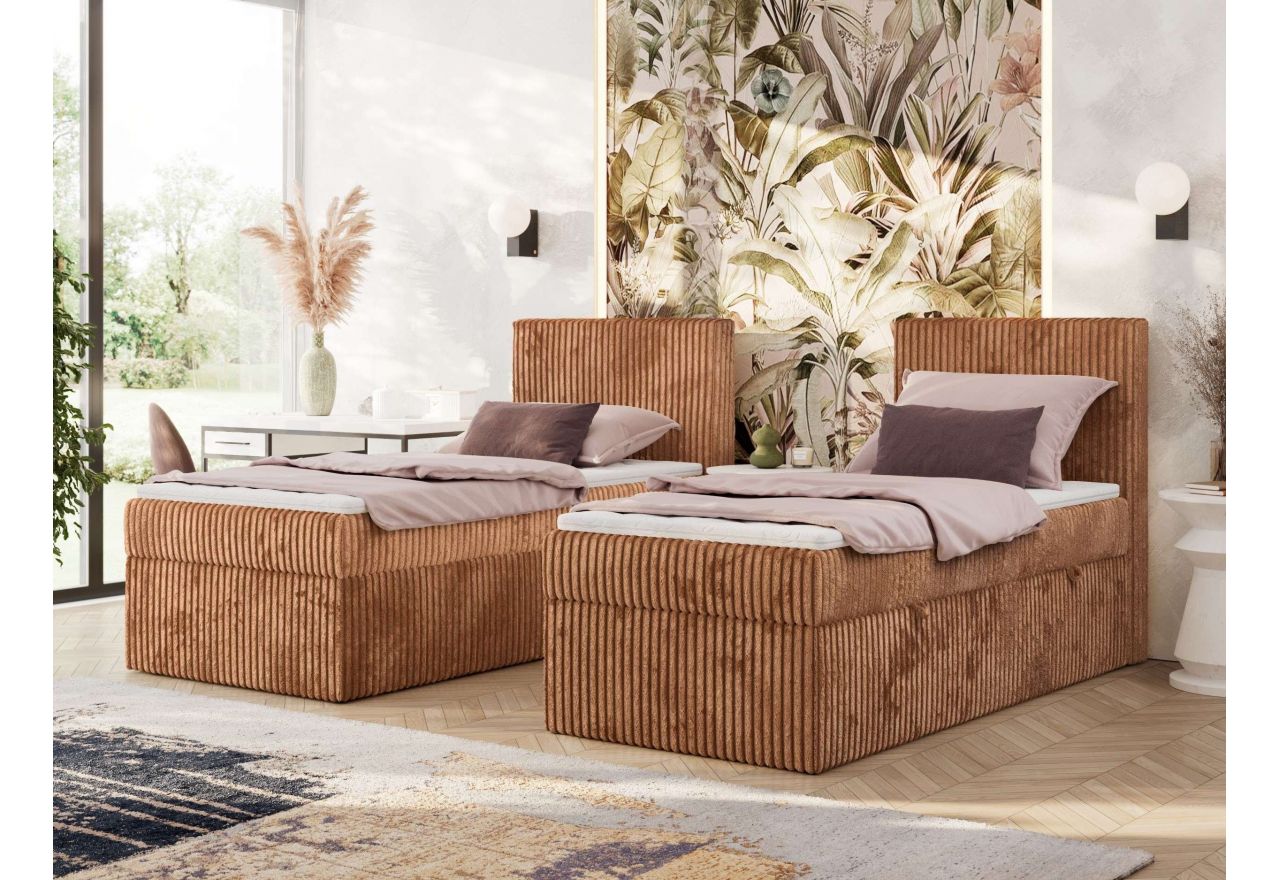 Łóżko kontynentalne TILIANO 90x200 - H3 - pomarańczowy, sztruks - strona prawa - topper T25