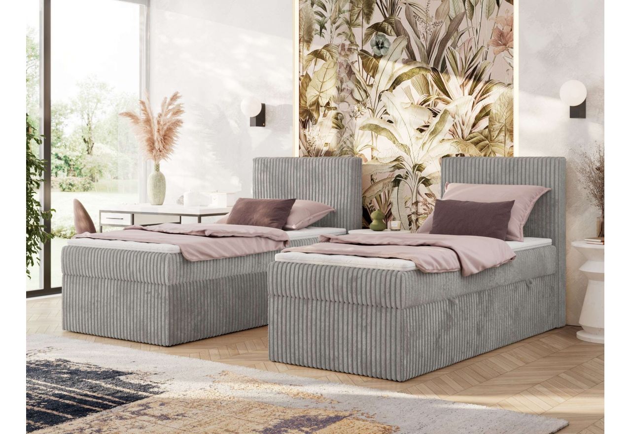 Łóżko kontynentalne TILIANO 90x200 - H3 - jasnoszary, sztruks - strona prawa - topper T25