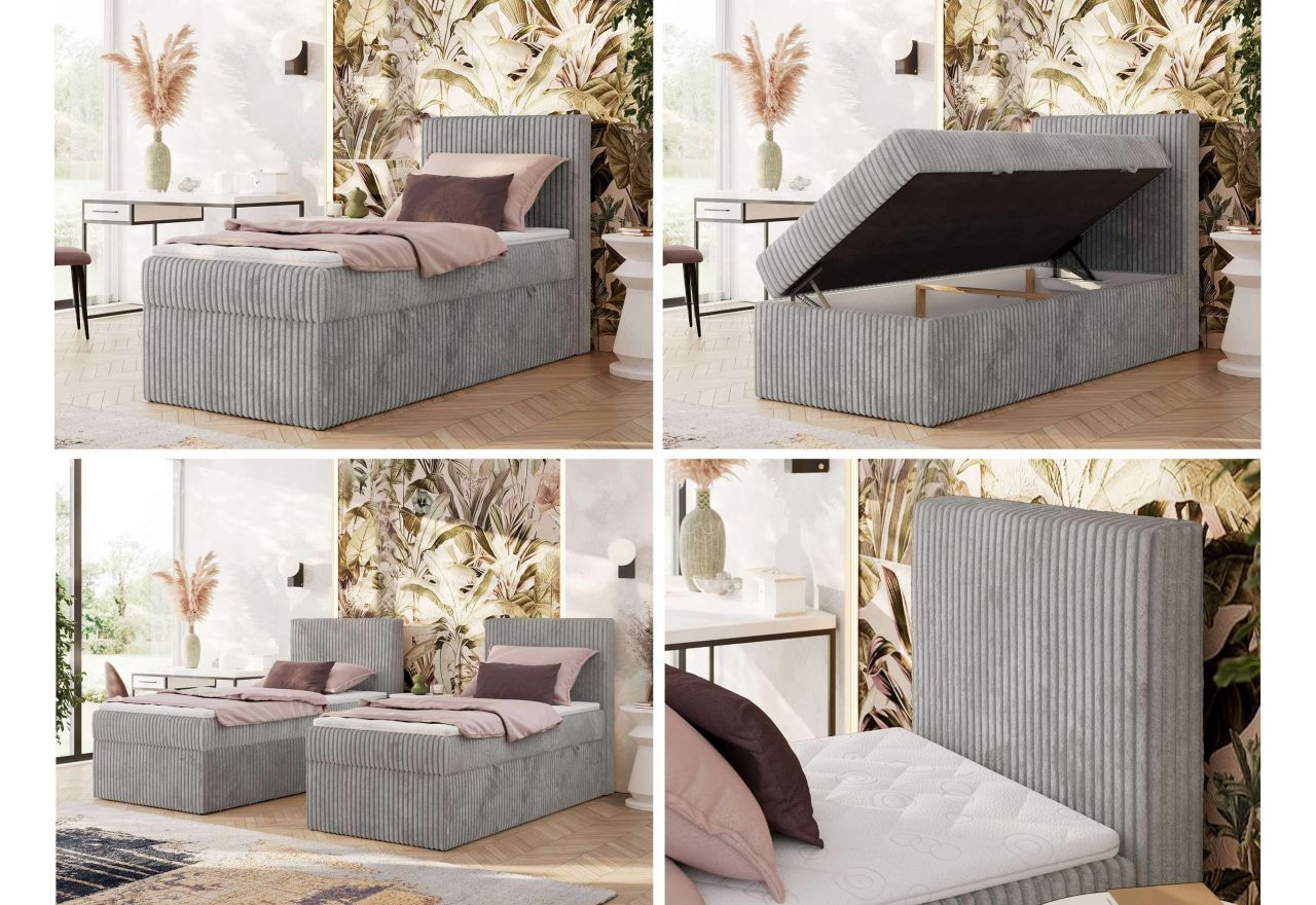 Łóżko kontynentalne TILIANO 90x200 - H3 - jasnoszary, sztruks - strona prawa - topper T25