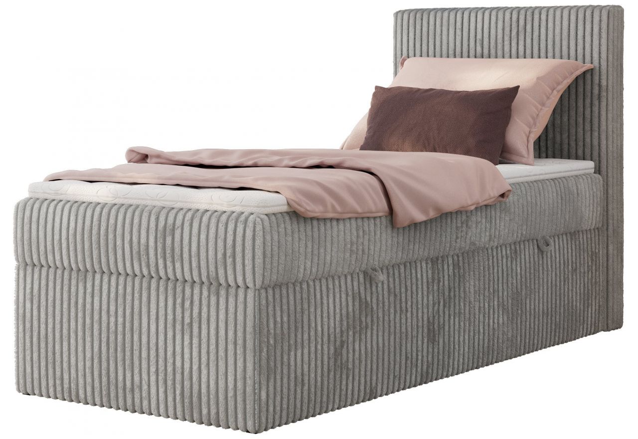 Łóżko kontynentalne TILIANO 90x200 - H3 - jasnoszary, sztruks - strona prawa - topper T25
