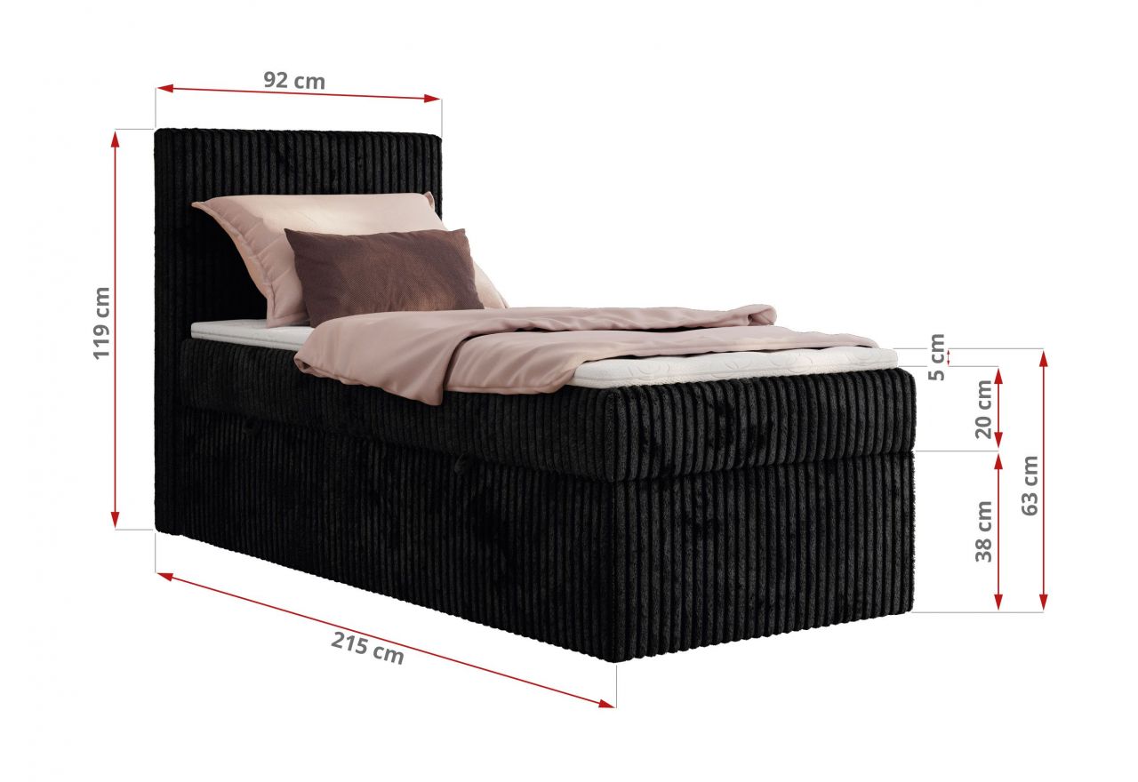 Łóżko kontynentalne TILIANO 90x200 - H3 - czarny, sztruks - strona prawa - topper T25