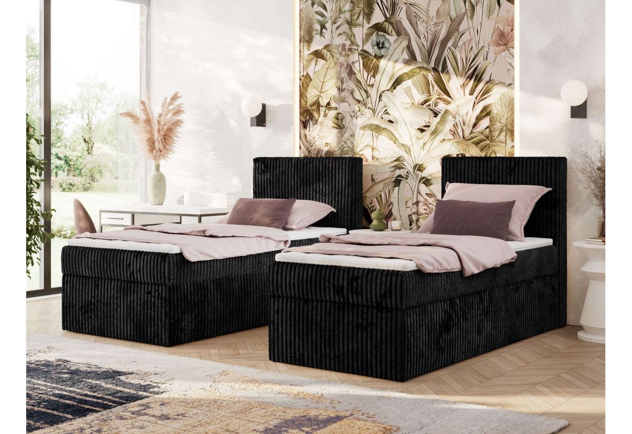 Łóżko kontynentalne TILIANO 90x200 - H3 - czarny, sztruks - strona prawa - topper T25