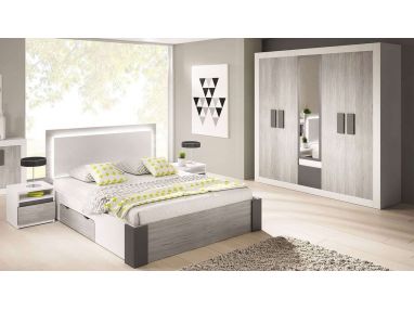 Funkcjonalny zestaw mebli do sypialni z wygodnym łóżkiem, szafą i stolikami nocnymi - HELOSI Biały / Kathult / Grafit