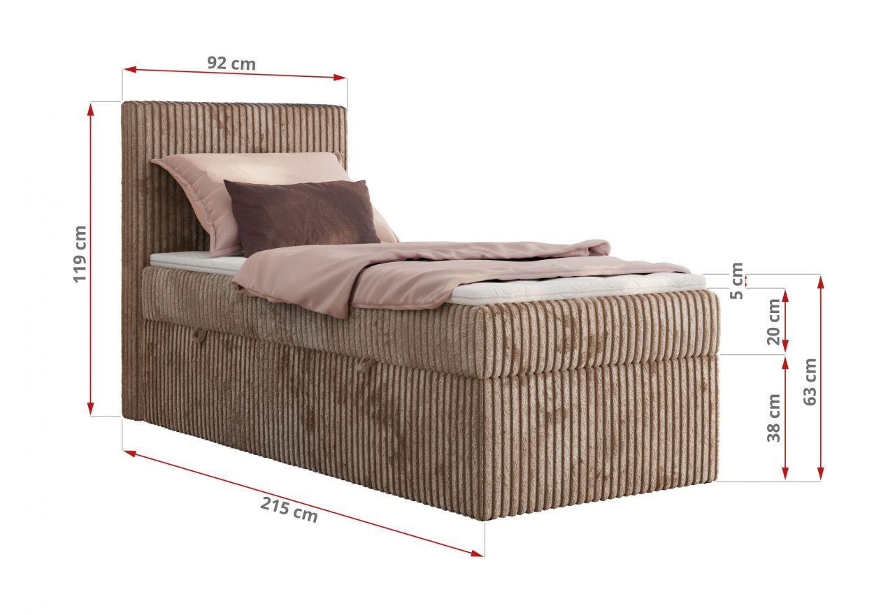 Łóżko kontynentalne TILIANO 90x200 - H4 - brązowy, sztruks - strona lewa - topper T25