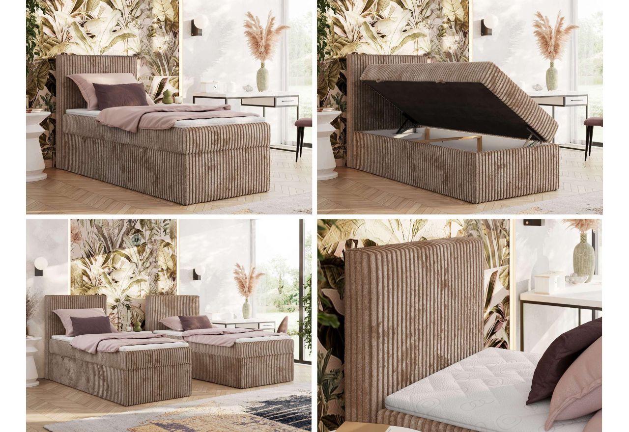 Łóżko kontynentalne TILIANO 90x200 - H4 - brązowy, sztruks - strona lewa - topper T25