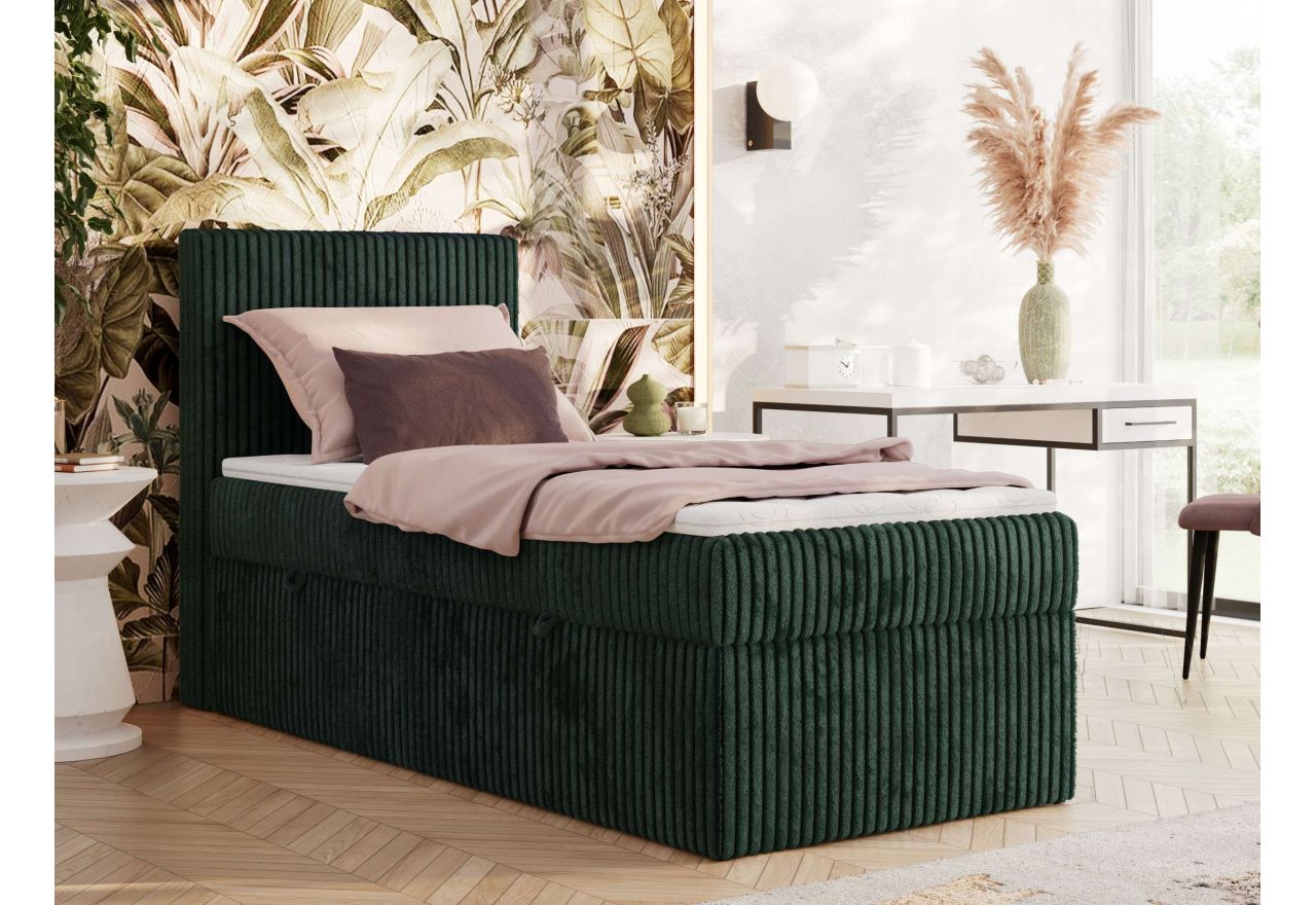 Łóżko kontynentalne TILIANO 90x200 - H4 - ciemnozielony, sztruks - strona lewa - topper T25