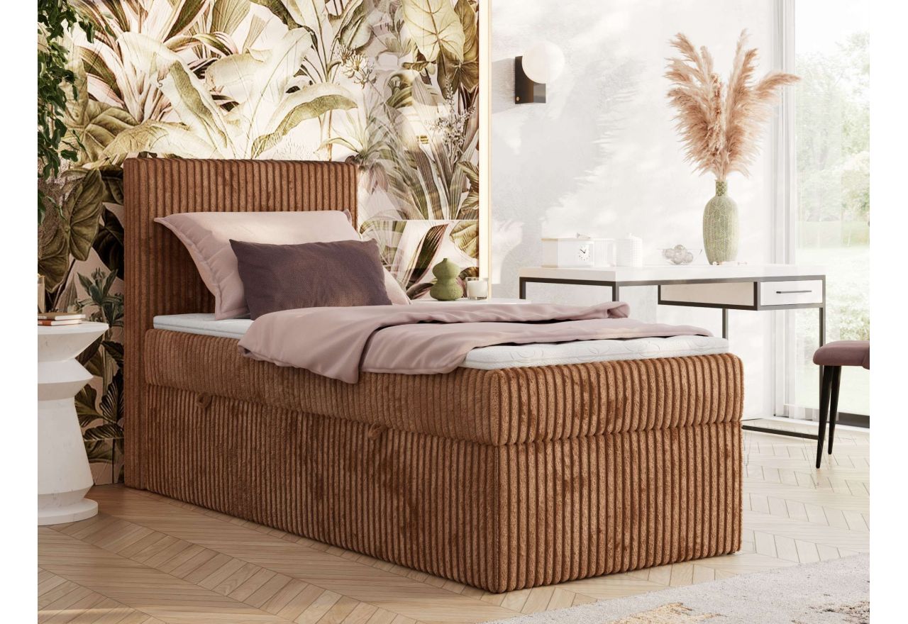 Łóżko kontynentalne TILIANO 90x200 - H4 - pomarańczowy, sztruks - strona lewa - topper T25