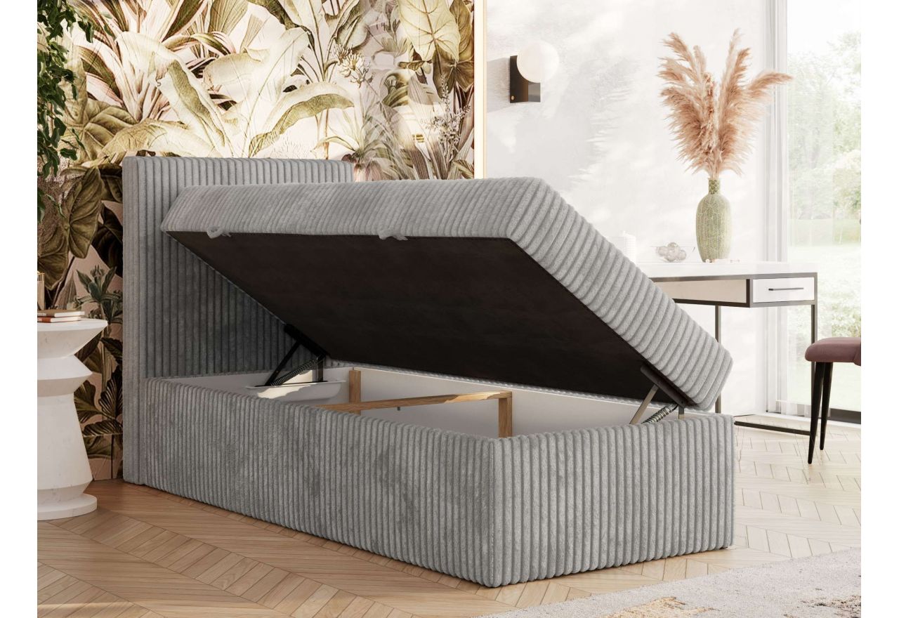 Łóżko kontynentalne TILIANO 90x200 - H4 - jasnoszary, sztruks - strona lewa - topper T25