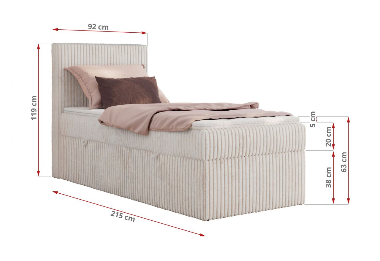 Łóżko kontynentalne TILIANO 90x200 - H4 - beżowy, sztruks - strona prawa - topper T25