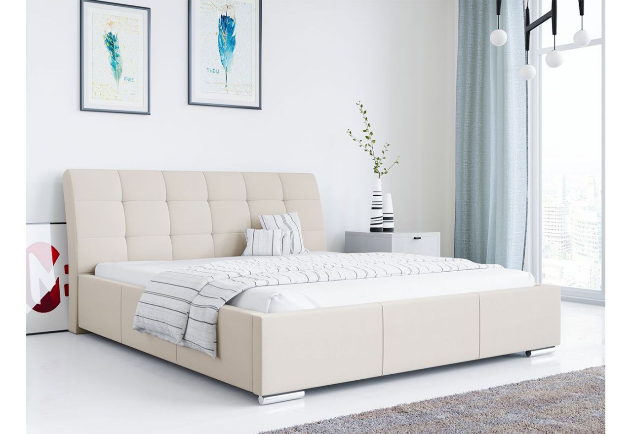 Tapicerowane łóżko z pojemnikiem na pościel i opcją wyboru materaca - GALA kremowy welur