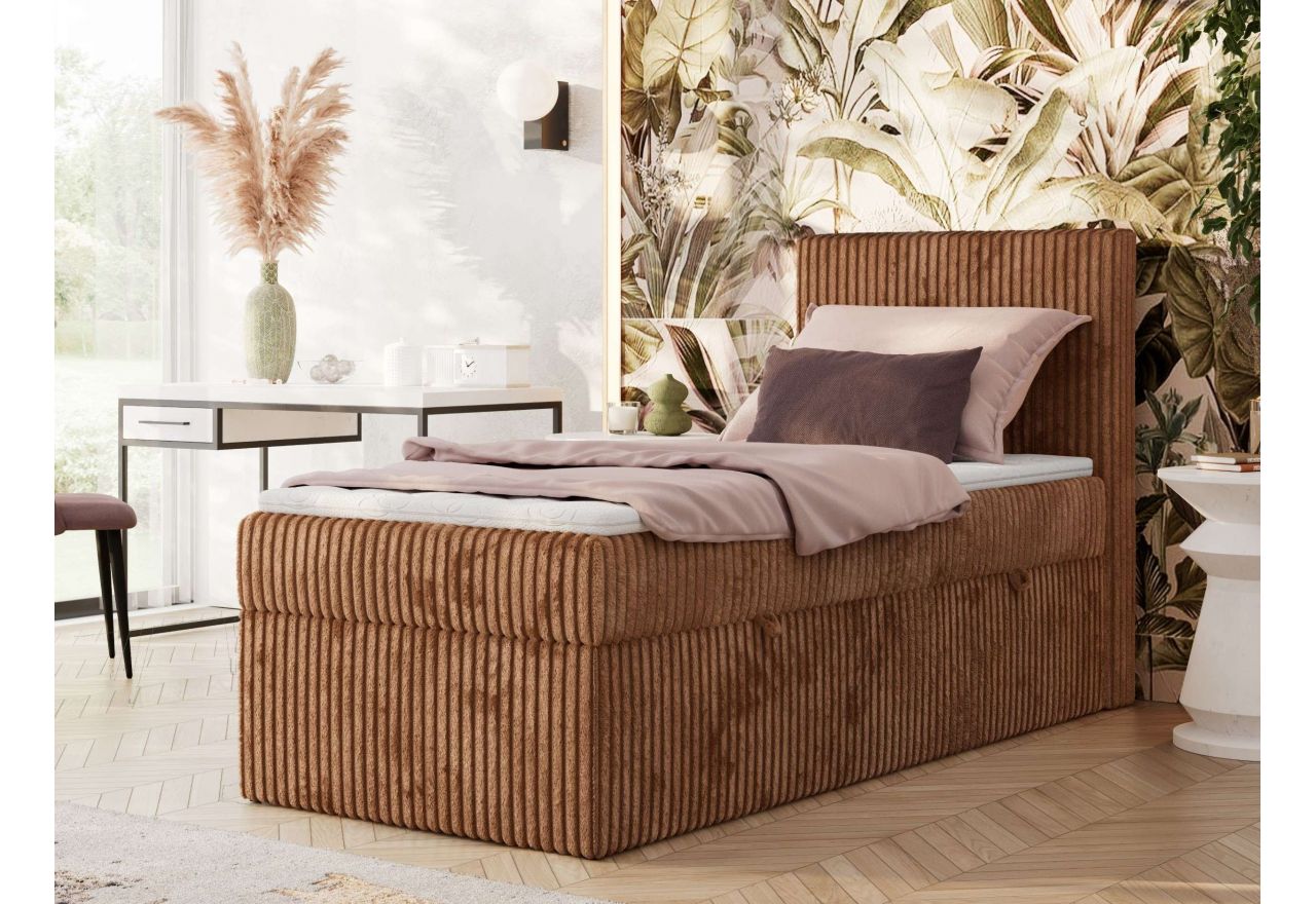 Łóżko kontynentalne TILIANO 90x200 - H4 - pomarańczowy, sztruks - strona prawa - topper T25