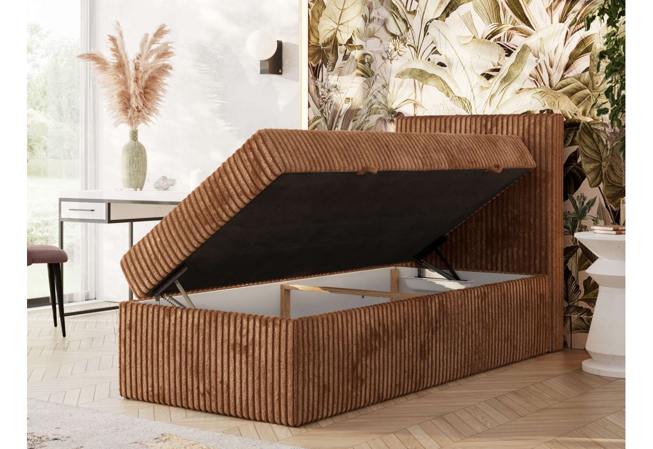 Łóżko kontynentalne TILIANO 90x200 - H4 - pomarańczowy, sztruks - strona prawa - topper T25