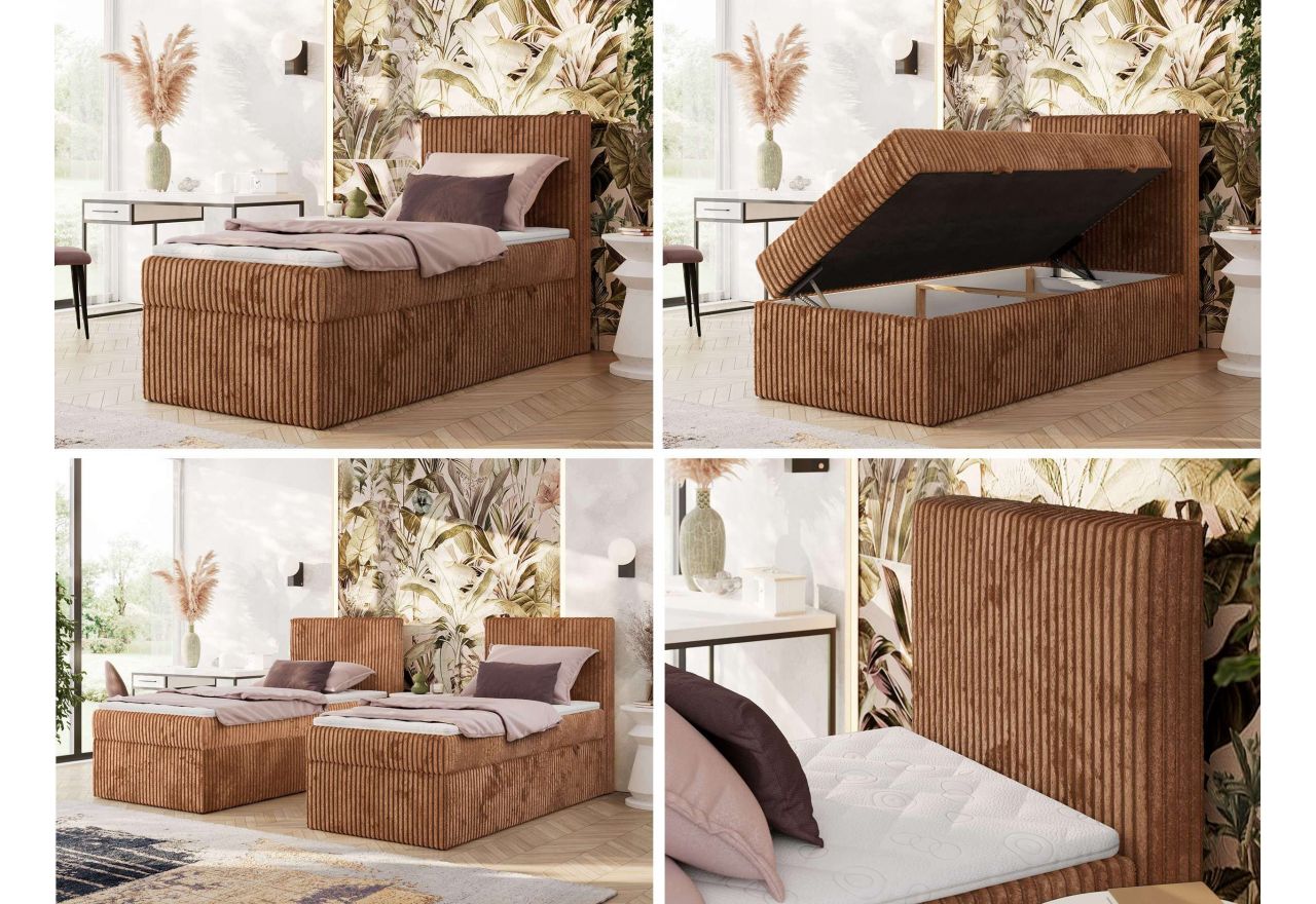 Łóżko kontynentalne TILIANO 90x200 - H4 - pomarańczowy, sztruks - strona prawa - topper T25