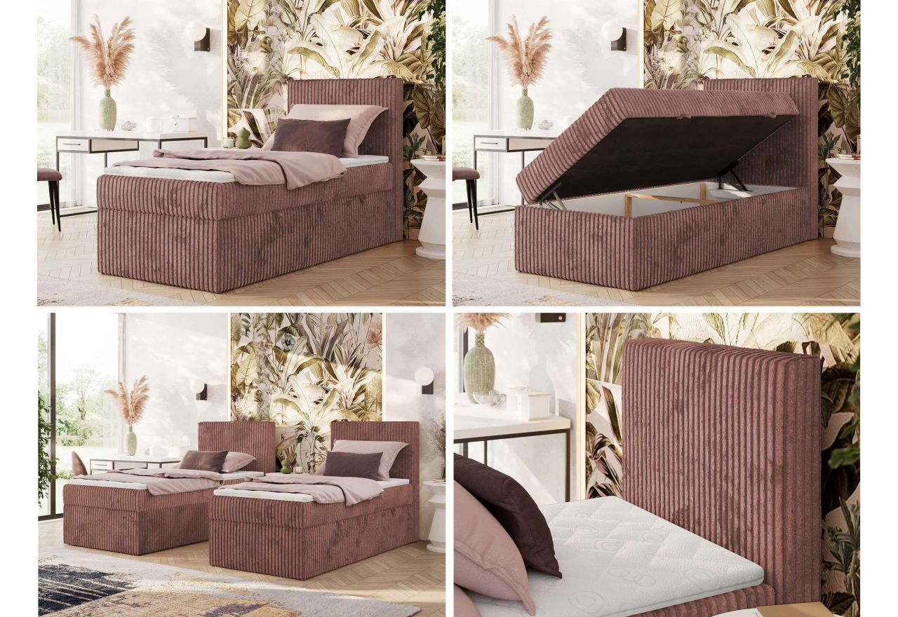 Łóżko kontynentalne TILIANO 90x200 - H4 - różowy, sztruks - strona prawa - topper T25