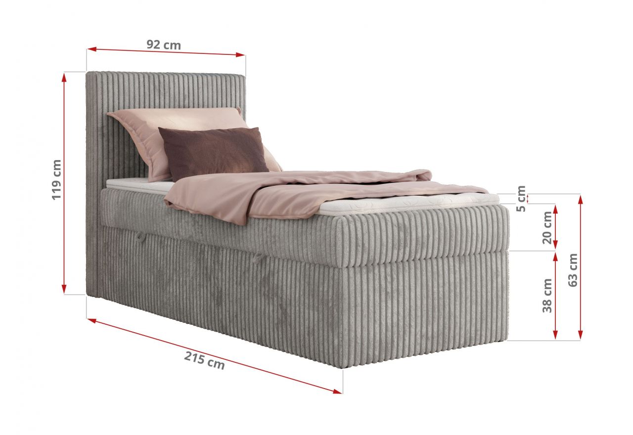 Łóżko kontynentalne TILIANO 90x200 - H4 - jasnoszary, sztruks - strona prawa - topper T25