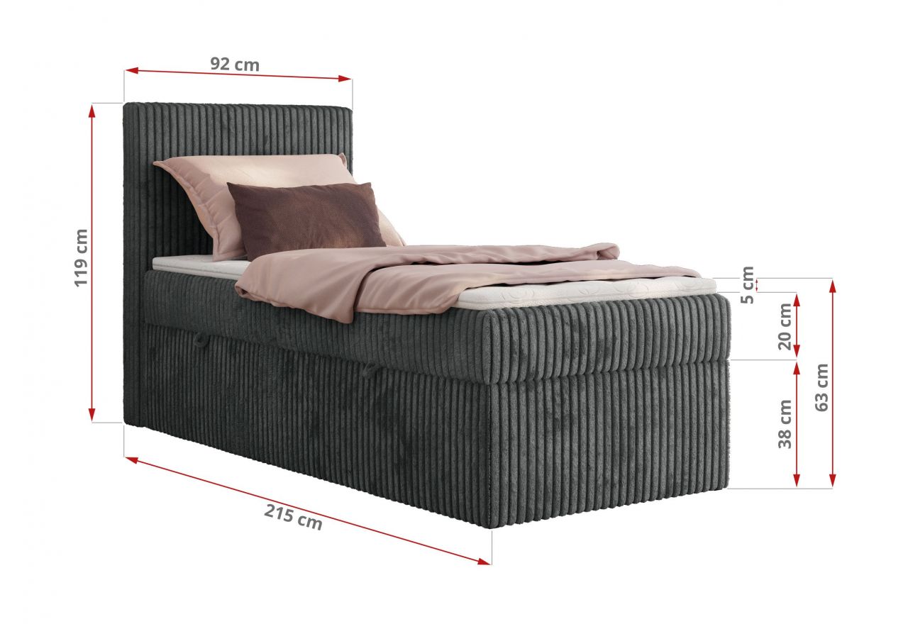 Łóżko kontynentalne TILIANO 90x200 - H4 - ciemnoszary, sztruks - strona prawa - topper T25