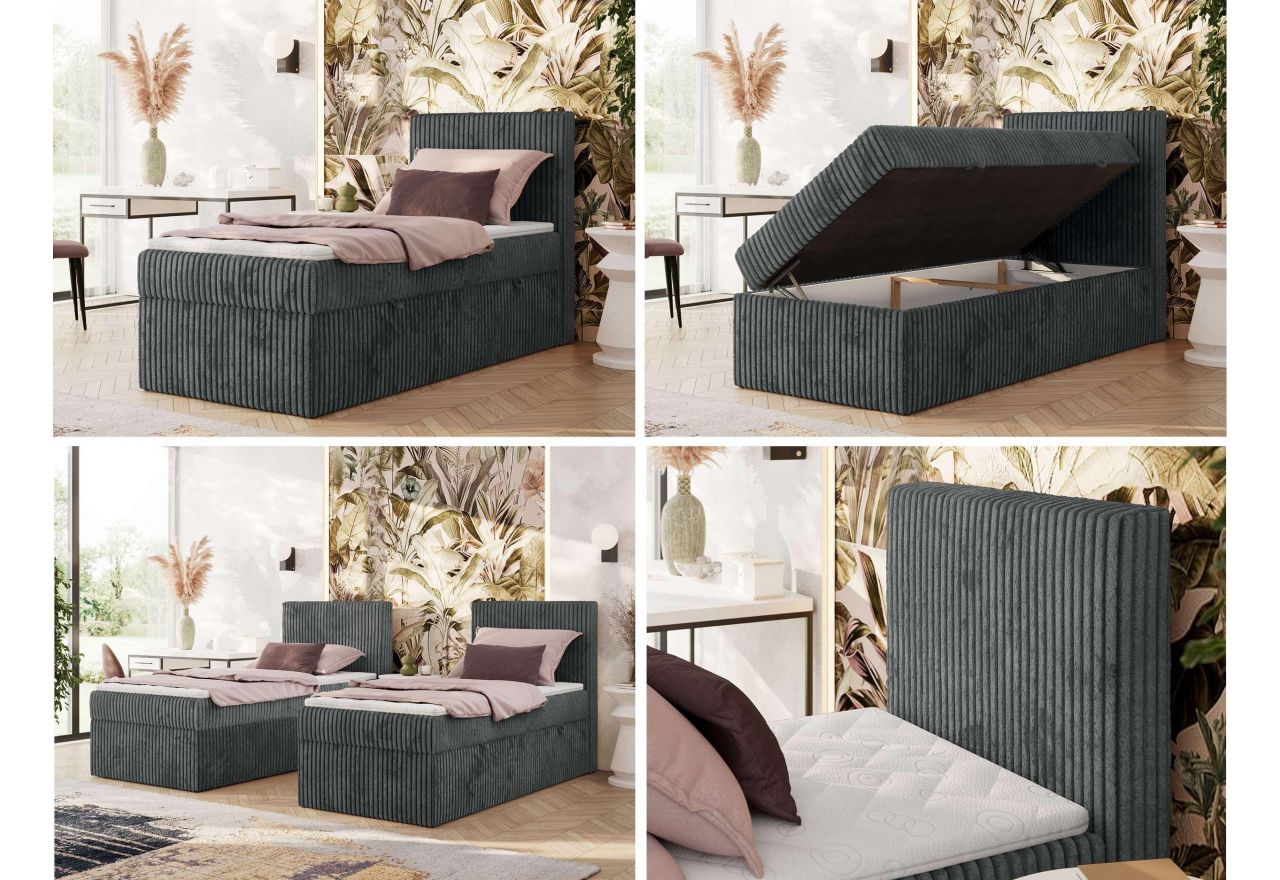 Łóżko kontynentalne TILIANO 90x200 - H4 - ciemnoszary, sztruks - strona prawa - topper T25