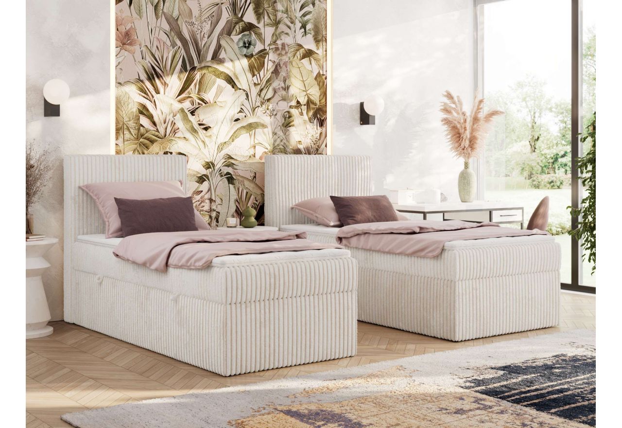 Łóżko kontynentalne TILIANO 90x200 - H3 - beżowy, sztruks - strona lewa - topper Visco