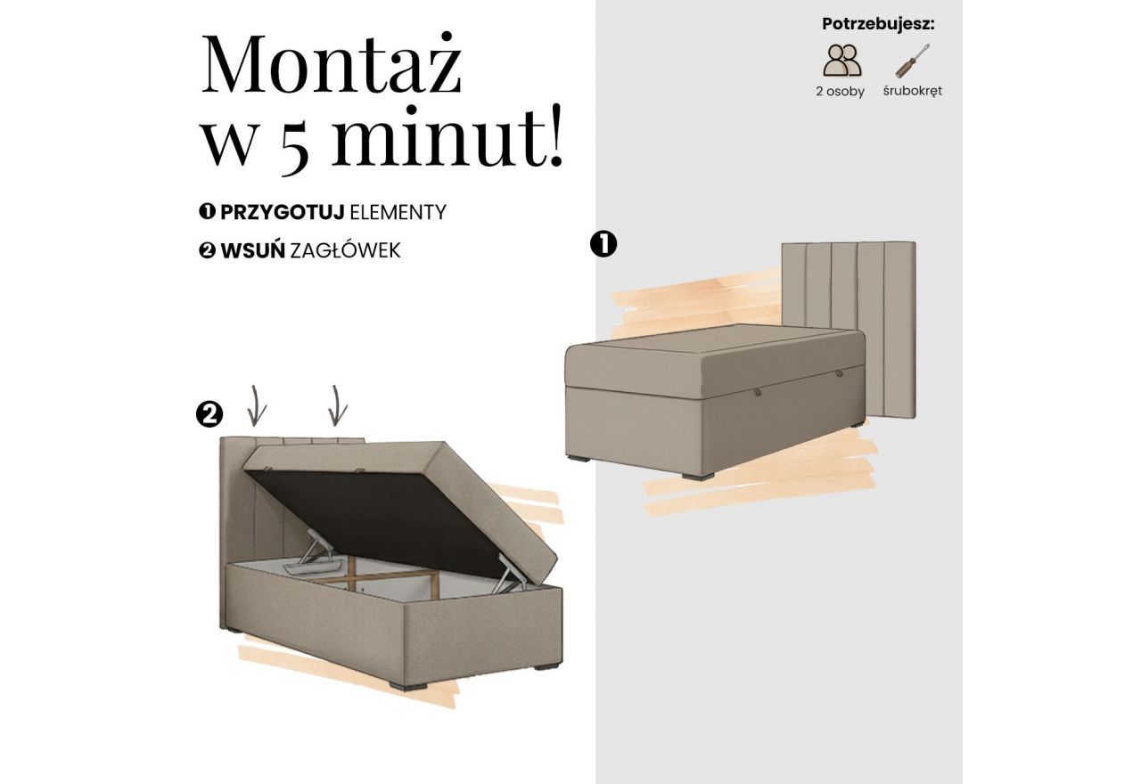 Łóżko kontynentalne TILIANO 90x200 - H3 - beżowy, sztruks - strona lewa - topper Visco