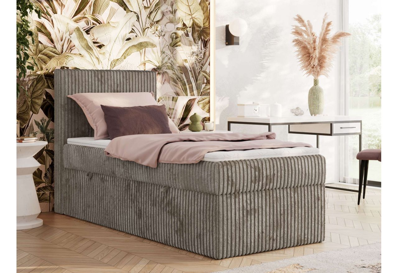 Łóżko kontynentalne TILIANO 90x200 - H3 - jasnobrązowy, sztruks - strona lewa - topper Visco