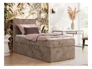 Łóżko kontynentalne TILIANO 90x200 - H3 - brązowy, sztruks - strona lewa - topper Visco