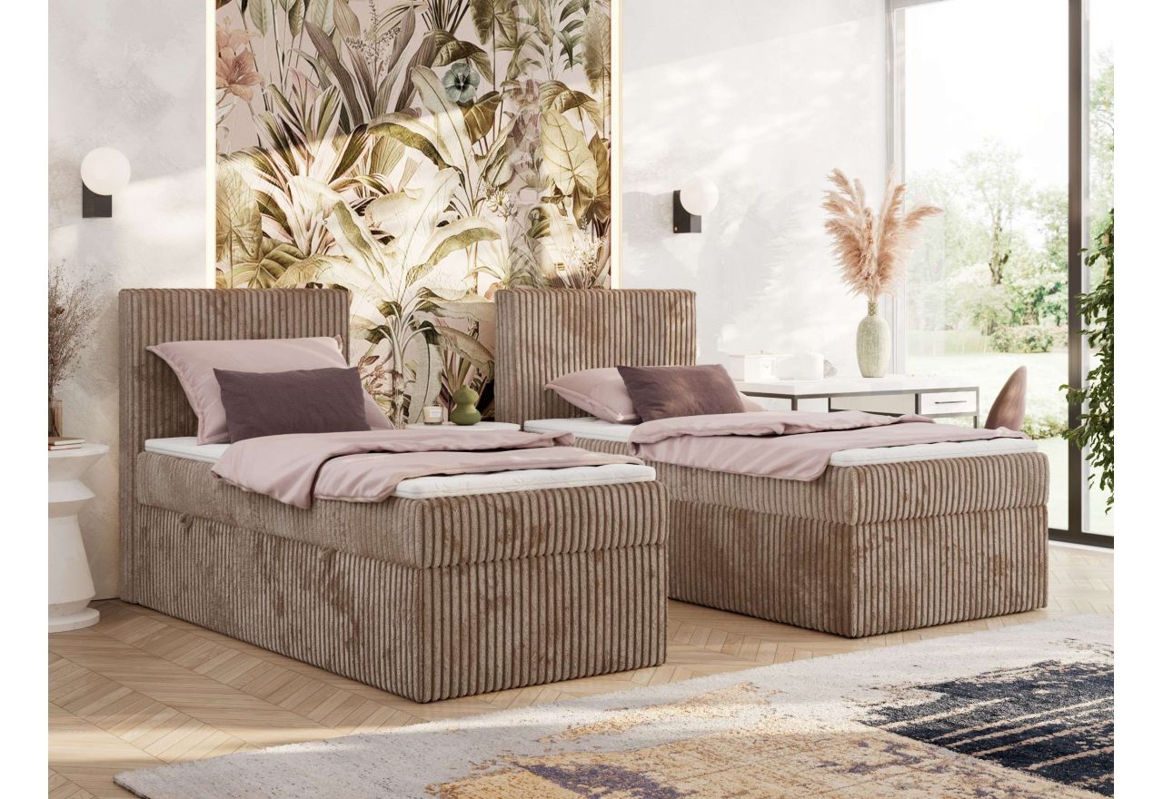 Łóżko kontynentalne TILIANO 90x200 - H3 - brązowy, sztruks - strona lewa - topper Visco